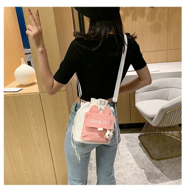 Korean campus fresh and cute cartoon rabbit bucket bag, color-blocking small bag, versatile casual single-shoulder crossbody bag undefined