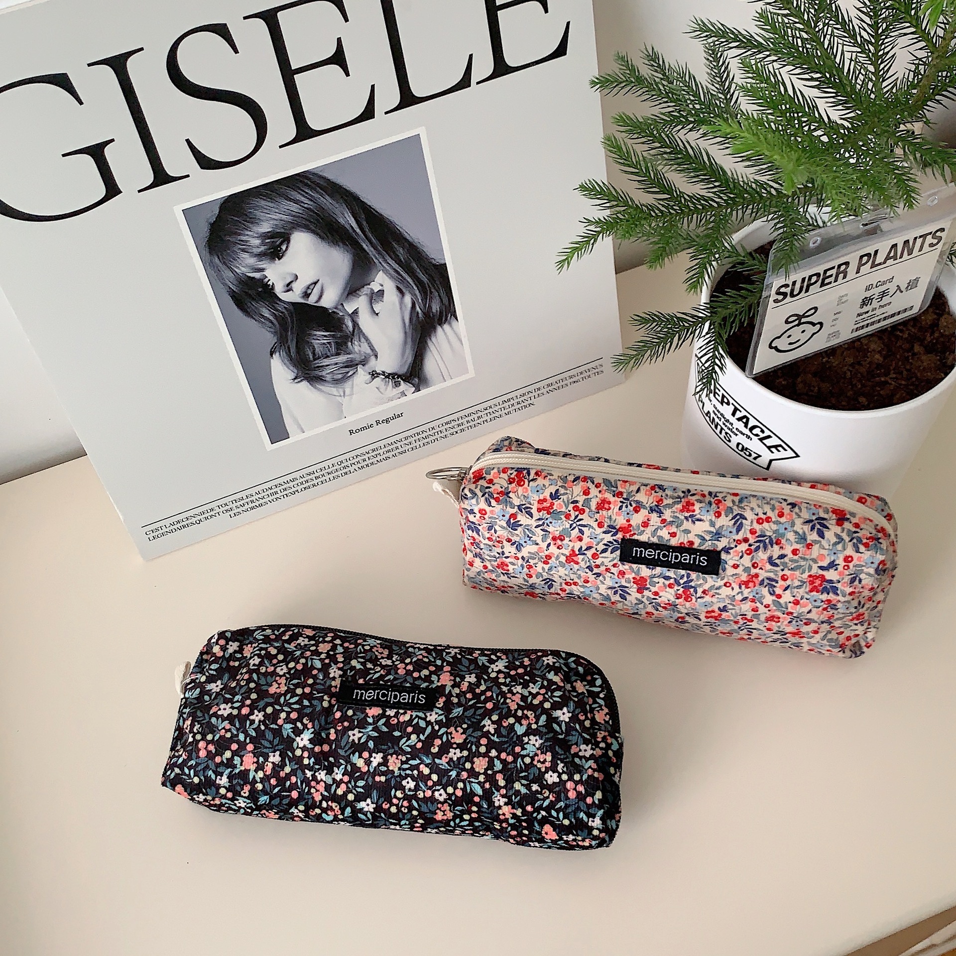 11271 ins Retro corduroy floral Artistic pen case, simple student stationery box, Portable makeup bag full figure
