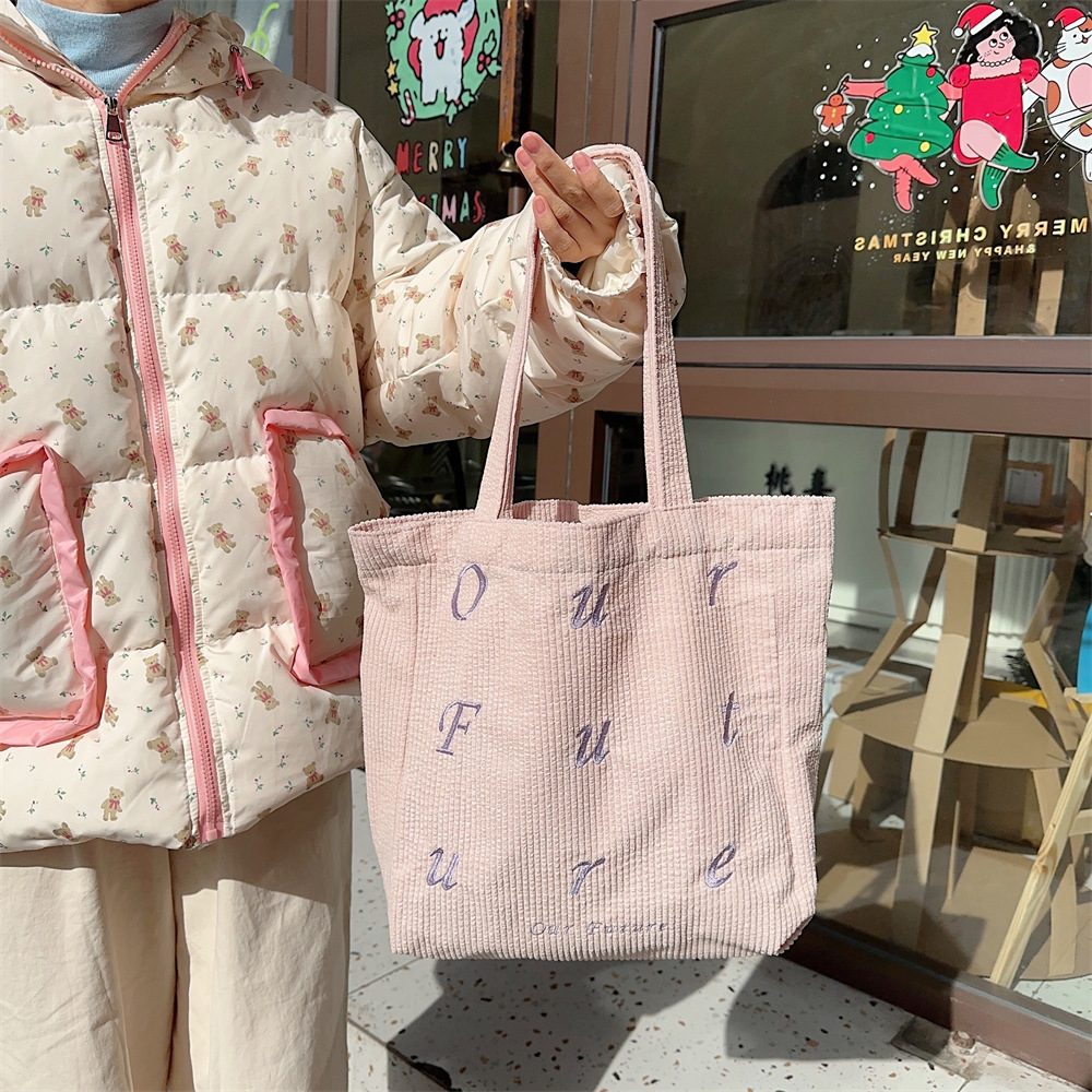 310262 embroidered letter future corduroy single-shoulder Maillard color hand-held canvas bag Women's tote bag details Picture