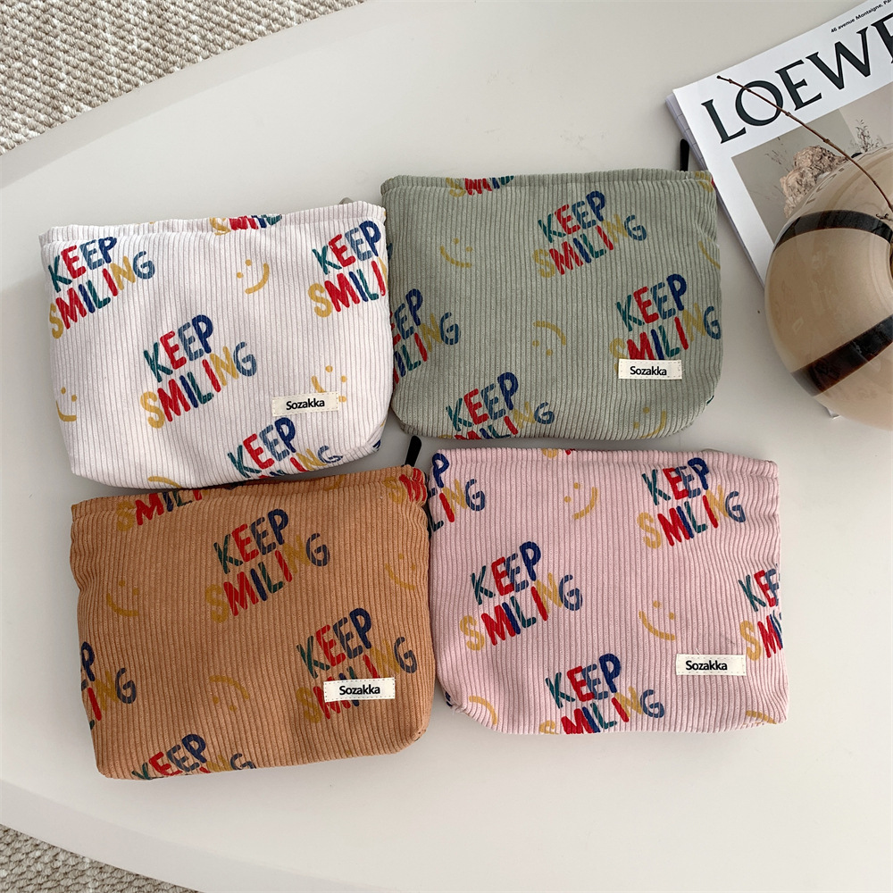 38181 New 2023 Corduroy cosmetic Bag, Letter smiley face storage, washroom clutch, Mobile phone wallet, Pen case full figure