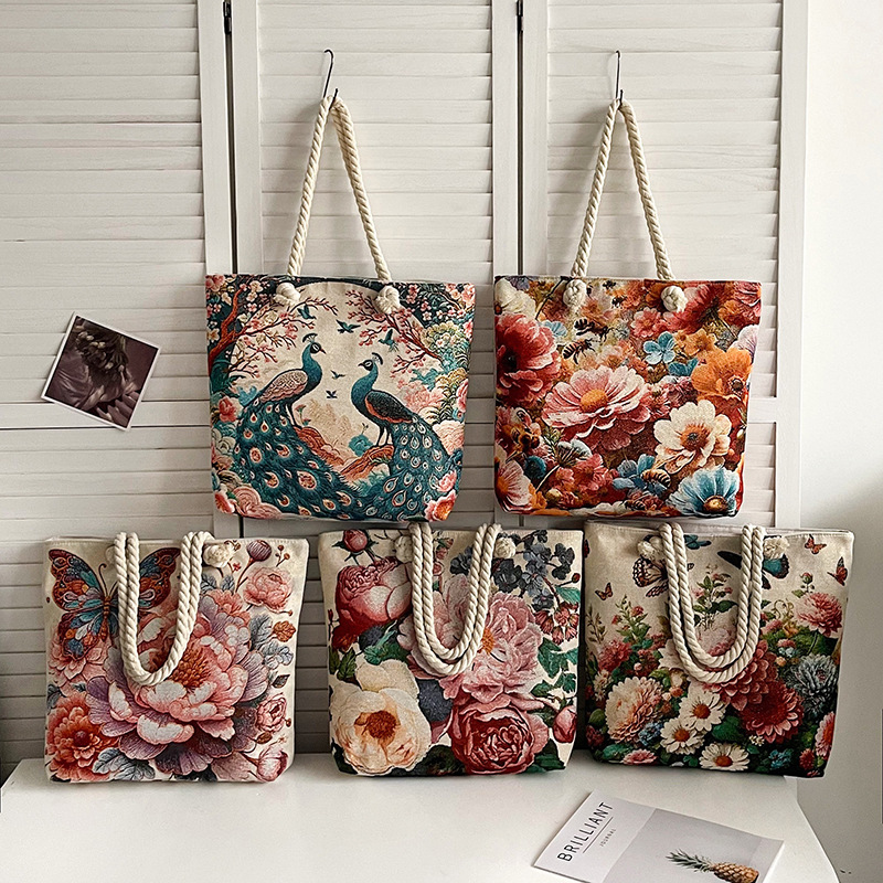 New cross-border double-sided jacquard embroidered canvas bag, ethnic style fashionable butterfly peacock underarm women's bag, single-shoulder bag full figure
