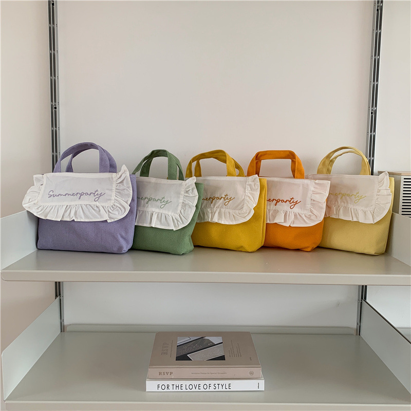 1441 Japanese and Korean chic Sweet ruffled bento Bag, Fresh embroidered hand-held small cloth bag, girl student bag wholesale full figure