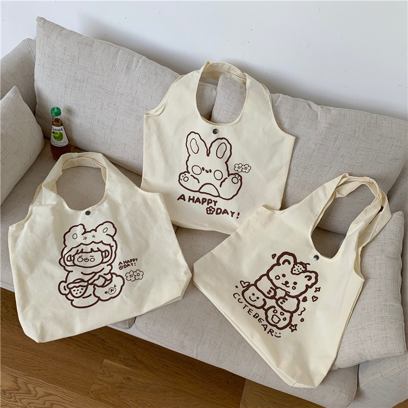 1961 Korean cartoon printed single-shoulder bag, simple Japanese student cute tote bag, large capacity canvas bag for women details Picture