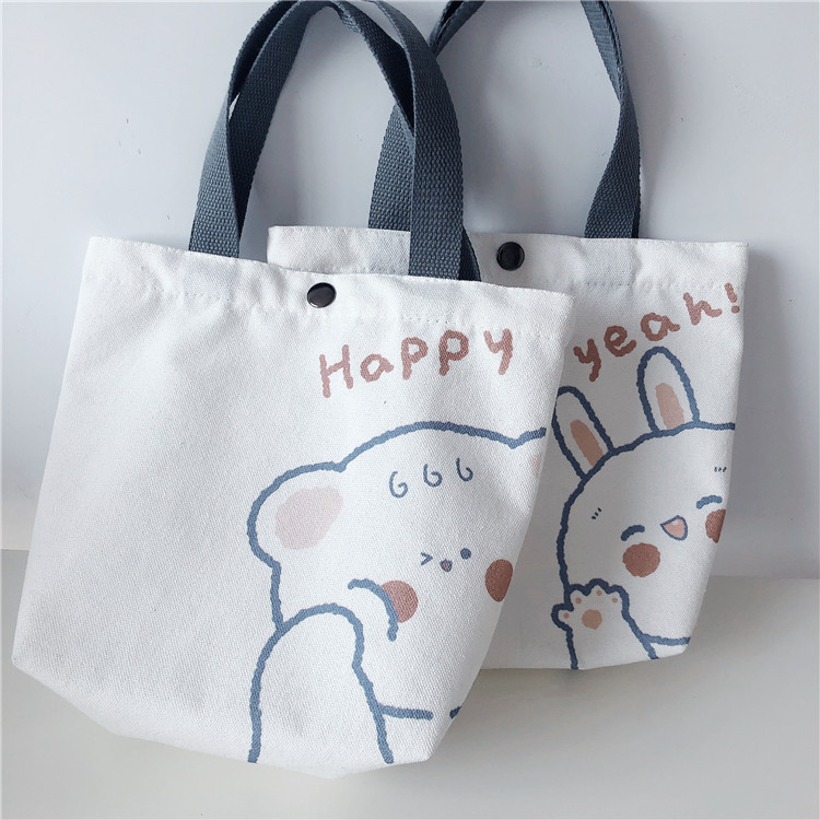 03138 Spring/Summer New cute bear and rabbit printed canvas bag ins girl student hand-held cloth bag supply full figure