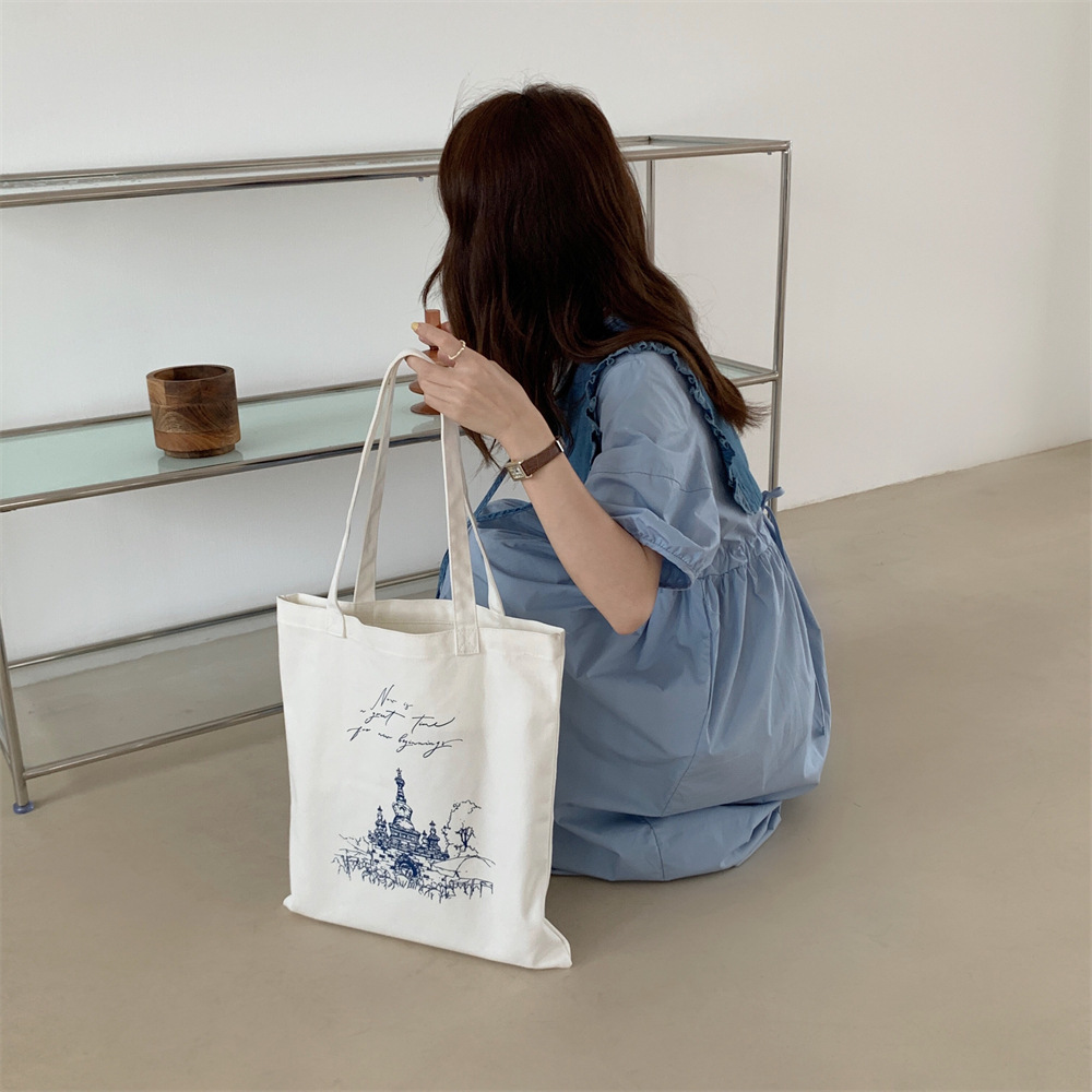 IJ15182 simple student canvas bag, large-capacity tutorial bag, castle print schoolbag, shopping bag, single-shoulder bag Specification drawing