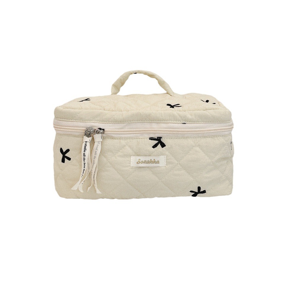 47272 Embroidered bow quilted cotton-padded cosmetic bag, large capacity toiletry bag, storage bag, skincare products travel bag Item Picture