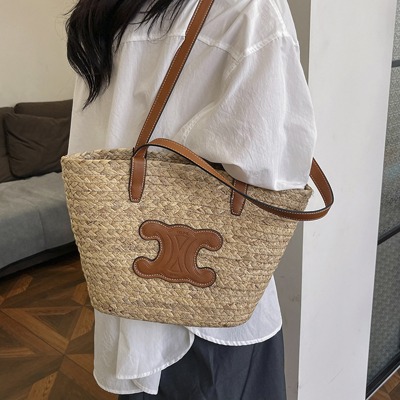 2025 New summer straw woven handbag, large-capacity hand-woven shoulder bag, large-capacity tote bag, women's bag Specification drawing