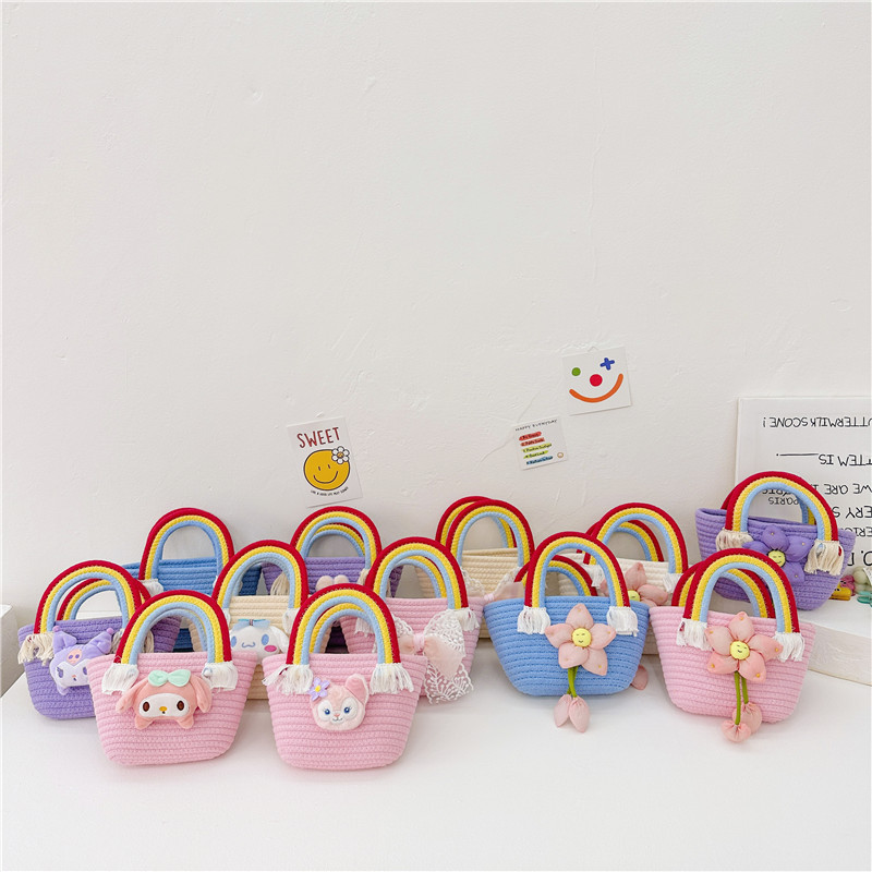 Korean version 2023 Trendy cotton rope handbag, internet-famous stylish handbag, fresh and cute flower straw woven bag, fashionable rainbow full figure