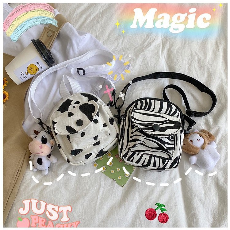 Cute cow pattern small bag for girls, 2024 new style student phone bag, Japanese-style fresh and clean crossbody canvas bag full figure