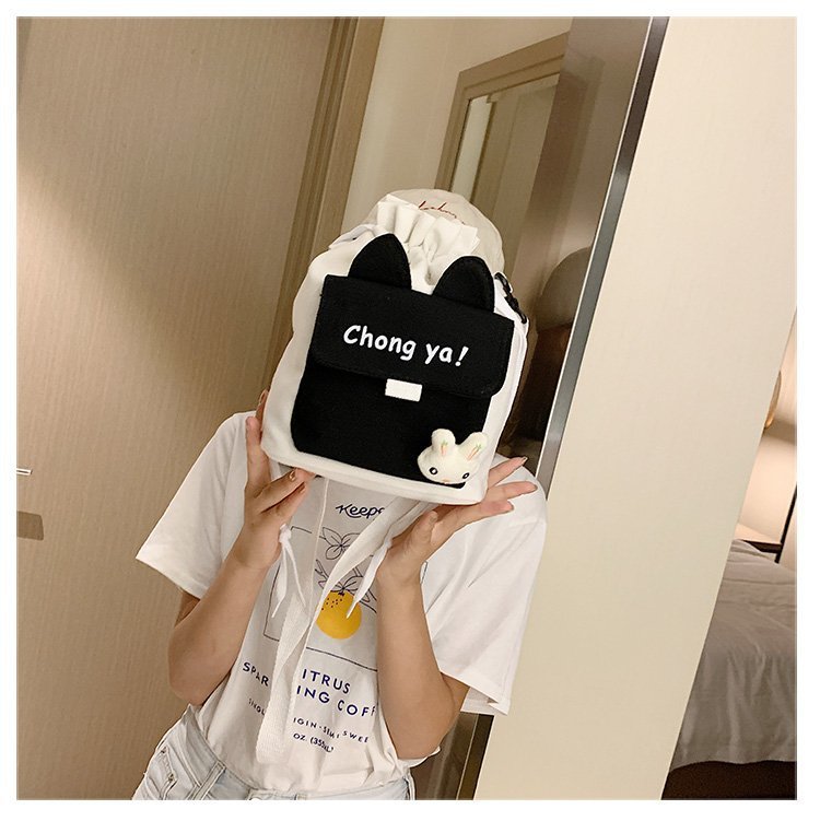 Korean campus fresh and cute cartoon rabbit bucket bag, color-blocking small bag, versatile casual single-shoulder crossbody bag full figure
