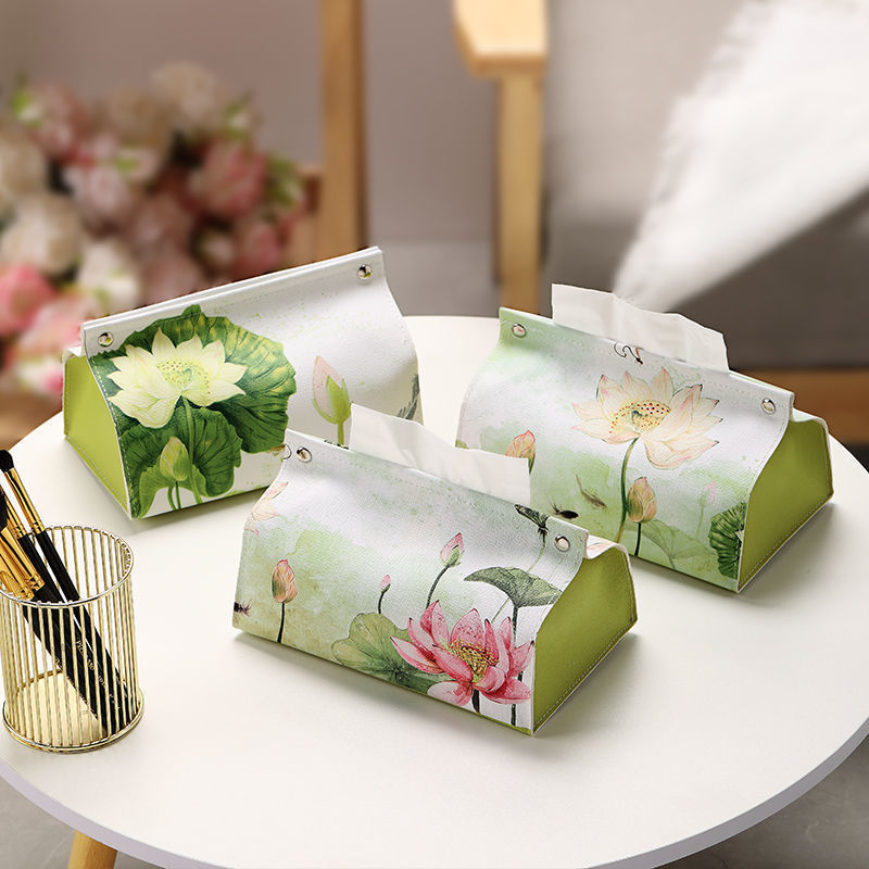 Retro new Chinese-style flower leather tissue box, living room home decoration, dining table tissue set, napkin box, tissue box details Picture