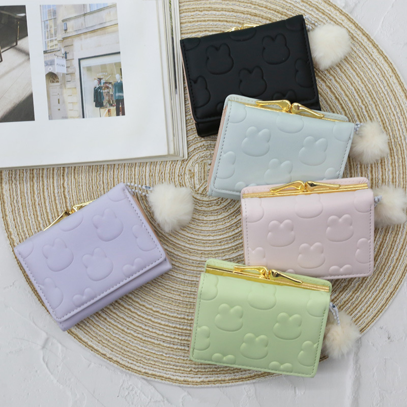 Cute little rabbit wallet card case, Japanese-style short girls' coin purse, embossed plush ball pendant, lock buckle bag wallet Application Scenario
