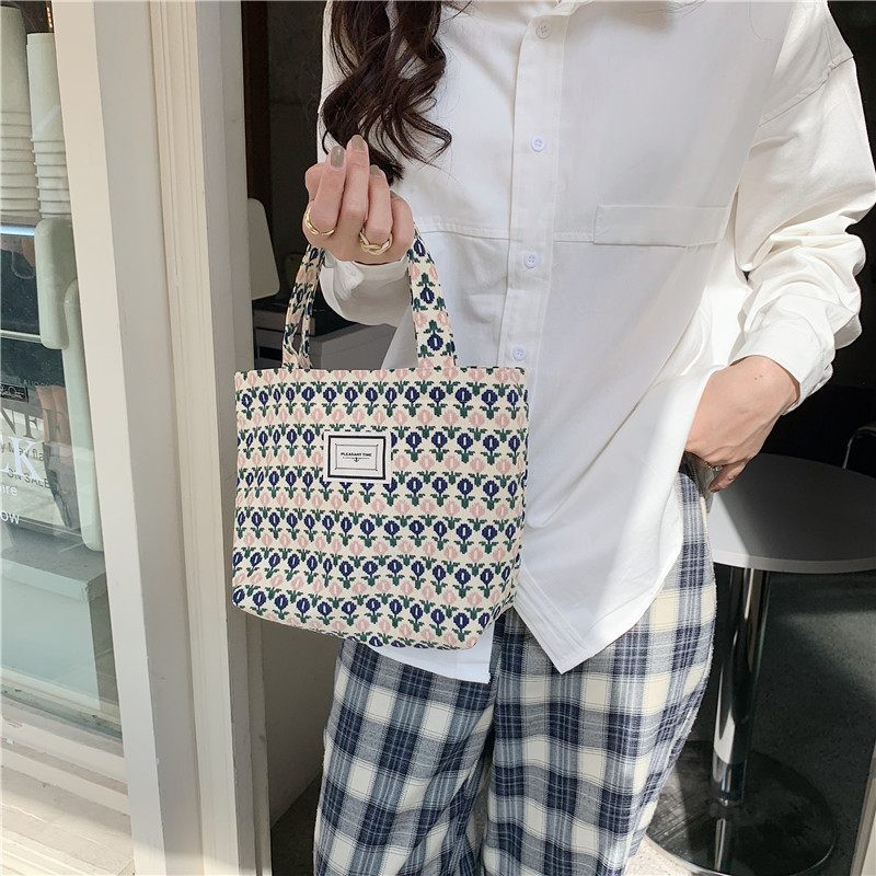 2112 Corduroy woven label hand-held bento bag, ins Artistic and retro, small commuting bag for work, Mommy lunch box bag details Picture