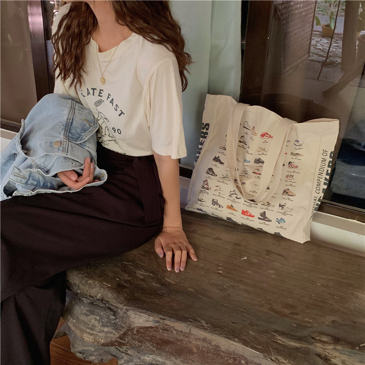 Wholesale supply of 9581 new large-capacity canvas single-shoulder bag, personalized ins printed bag, Hong Kong-style shopping bag Specification drawing