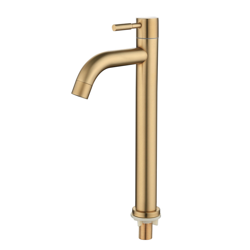 sus304 brushed gold single cold washbasin faucet, stainless steel bathroom countertop faucet, 4-inch interface pvd art Item Picture