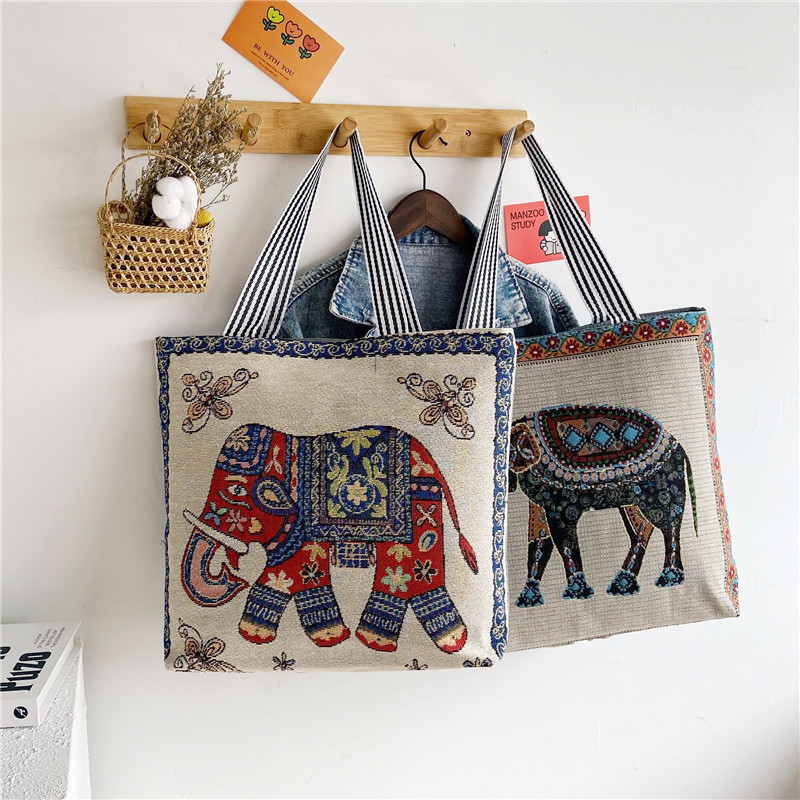 Wholesale Tote bags 2025 new trendy ethnic style shopping bags, cartoon linen embroidered large-capacity bags full figure