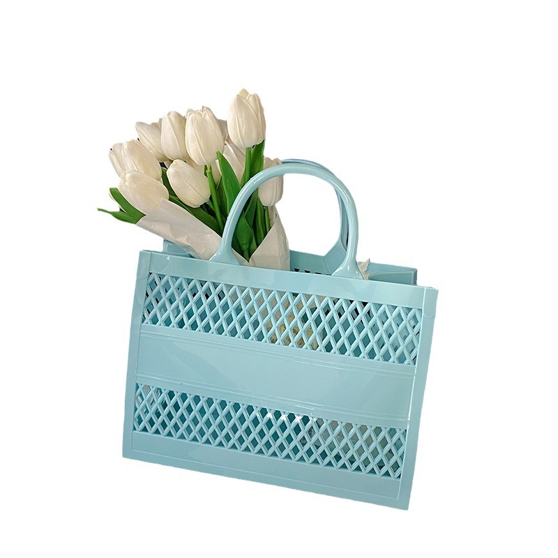 2025 Summer new shopping basket, hand-held pvc bag, jelly bag, large-capacity basket, storage basket, candy color, hollowed-out Item Picture