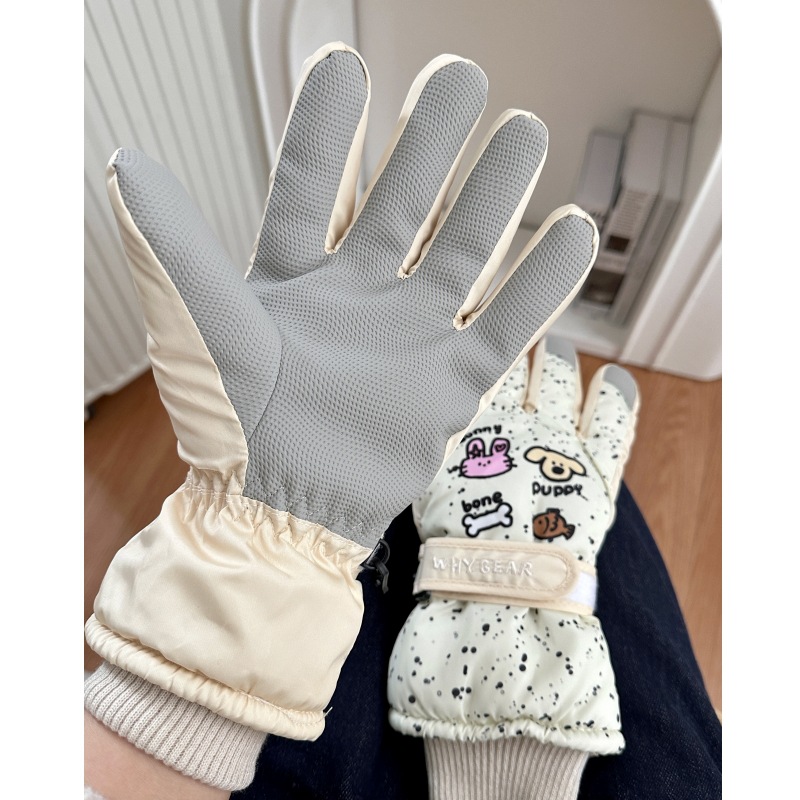 Original cartoon spotted ski dog gloves with fleece in winter, designed for outdoor cycling to keep warm and touch the screen Specification drawing