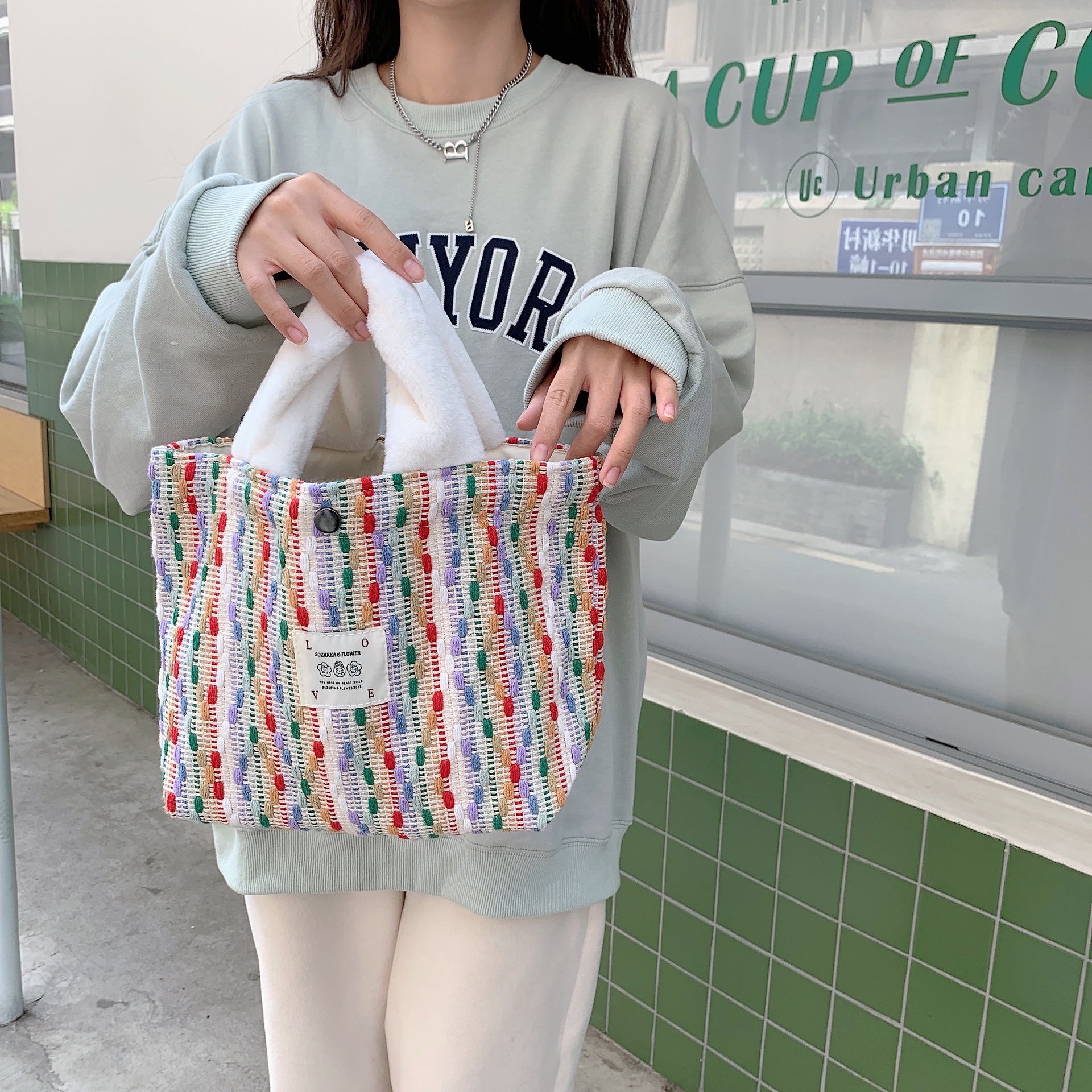 29271 New Rainbow Bean Set large-capacity artistic single-shoulder bag, student shopping bag, women's hand-held cloth bag, trendy Specification drawing