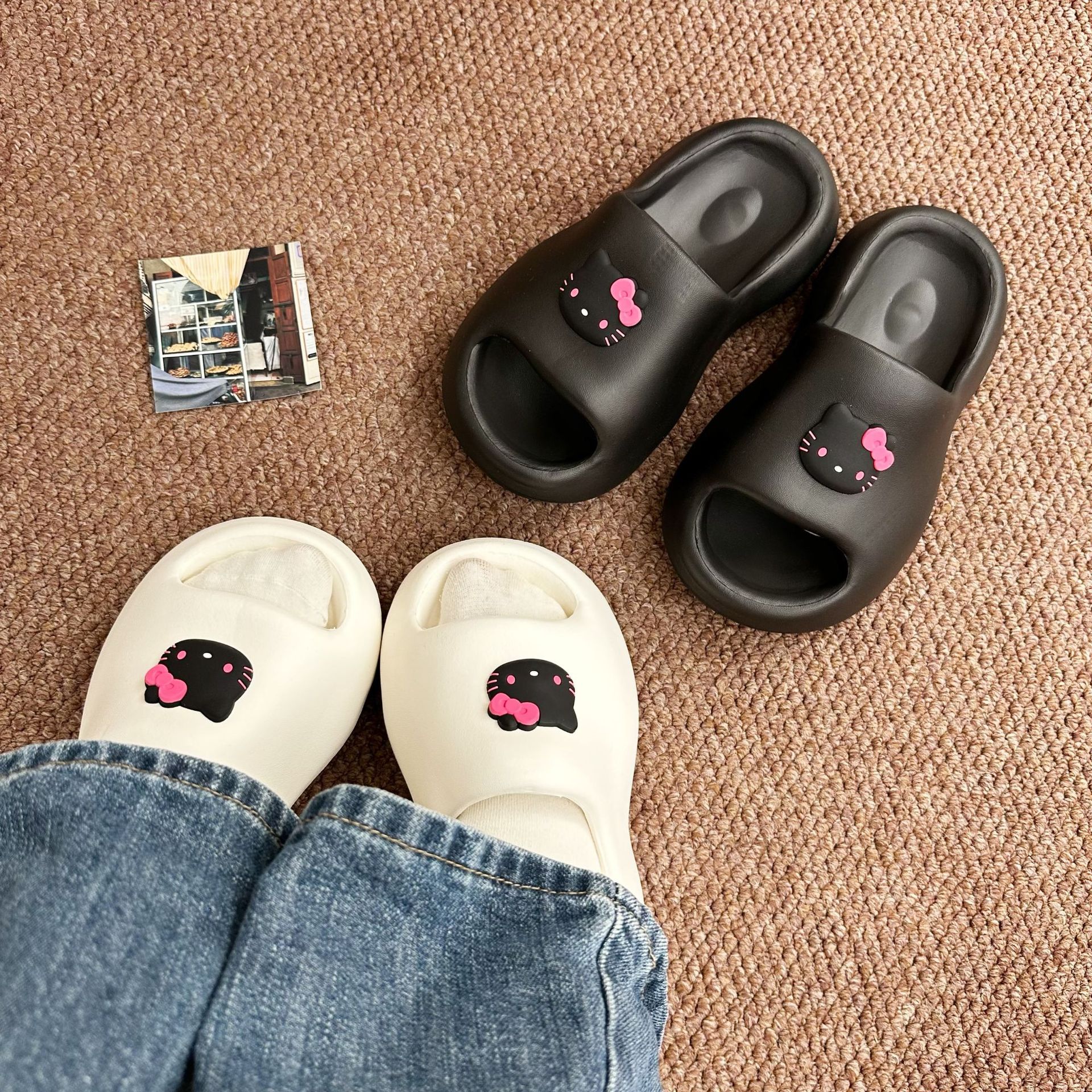 Cute cat cartoon slippers that can be worn outside as flip-flops, women's summer home slippers, thick-soled bathroom anti-slip one-line slippers Specification drawing