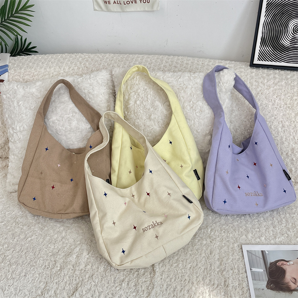 5362 Korean version star embroidery underarm bag, large-capacity commuting canvas bag, schoolbag for girls, travel bag full figure