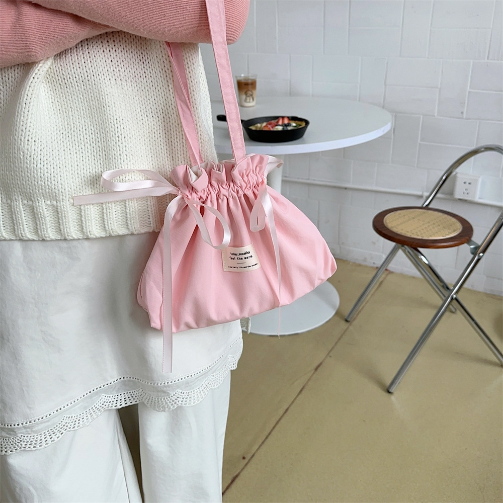 52222 Mint green handbag, small and exquisite small cloth bag, solid color simple drawstring bag, student portable single-shoulder bag details Picture