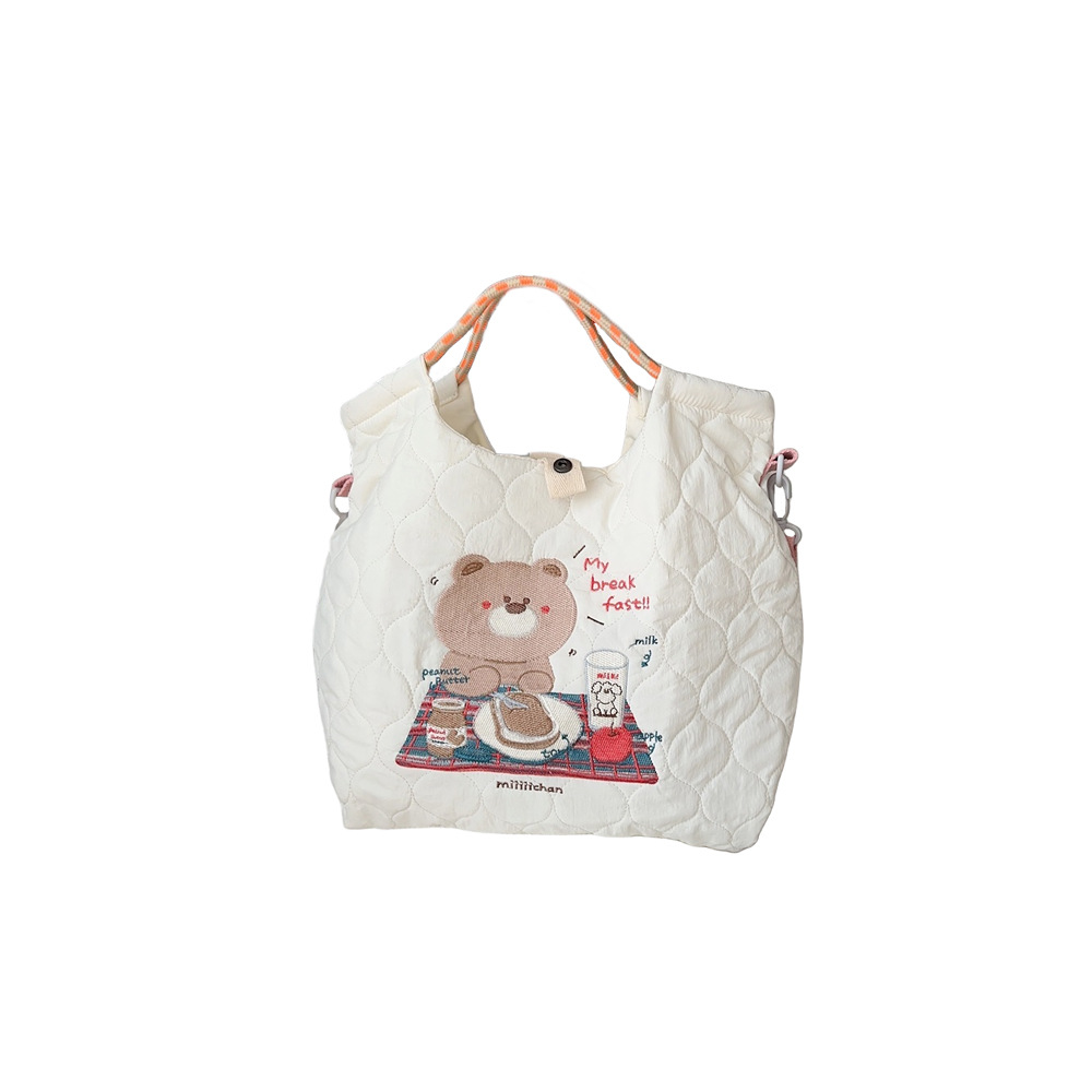 M31225 cream-colored autumn and winter new large-capacity canvas bag, quilted and embroidered handbag, shopping crossbody bag Item Picture