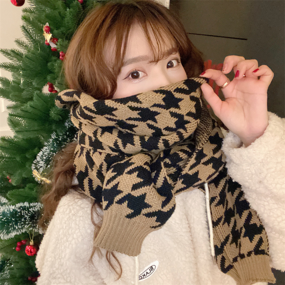 012172 Winter new knitted warm windproof scarf, versatile thousand bird pattern couple's scarf, Korean-style shawl for women details Picture