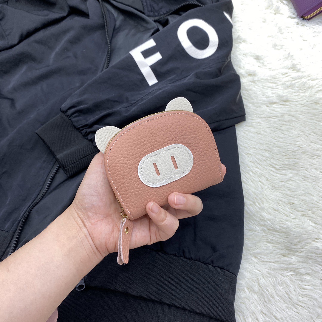 pu card case, short zipper card case for girls, cute pig mini portable card case, leather-textured soft pickup clamp, coin purse details Picture