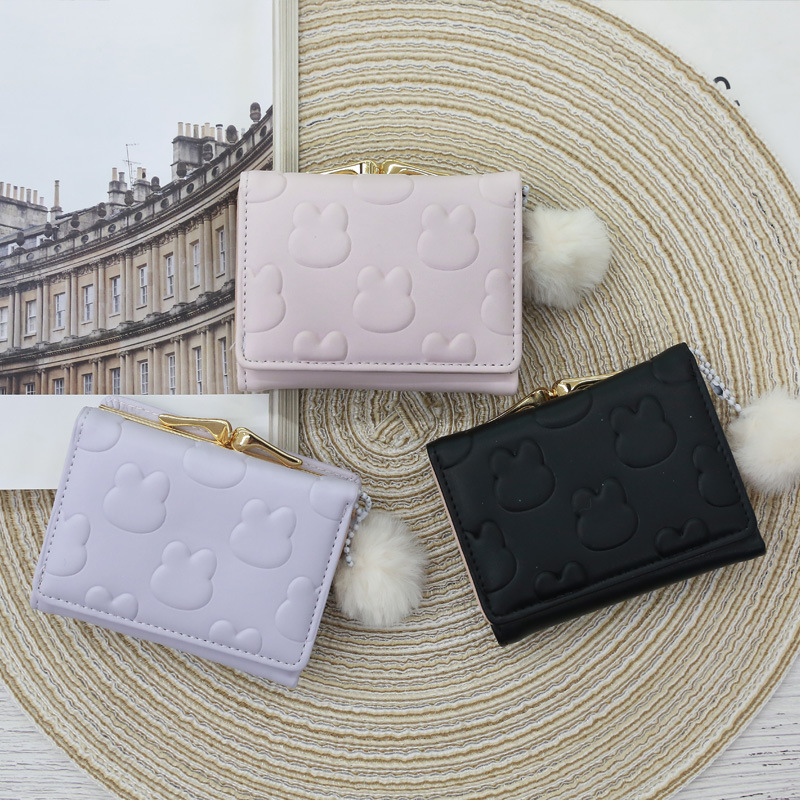 Cute little rabbit wallet card case, Japanese-style short girls' coin purse, embossed plush ball pendant, lock buckle bag wallet details Picture