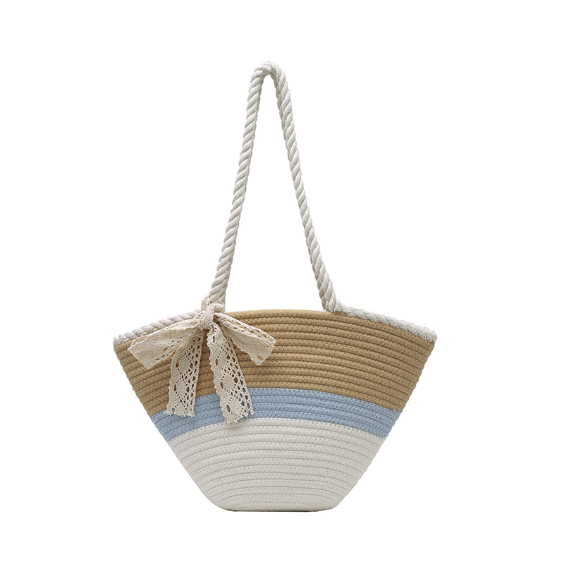Summer new color-blocking large-capacity single-shoulder woven bag, women's beach vacation bag, forest-style casual tote bag full figure