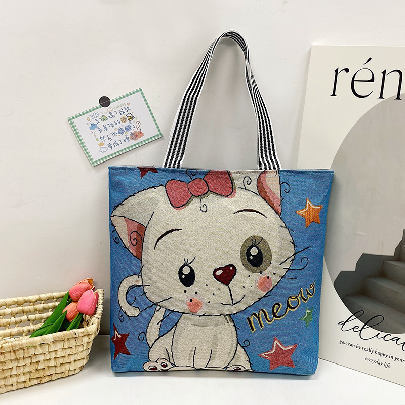 Cross-border single-shoulder handbag, cartoon cute animal print tote bag, linen embroidery casual commuting underarm bag Specification drawing