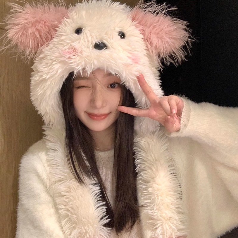 A cute cartoon plush hat for women in winter, thickened and warm, with ears that can move and a dog's big head around it Specification drawing