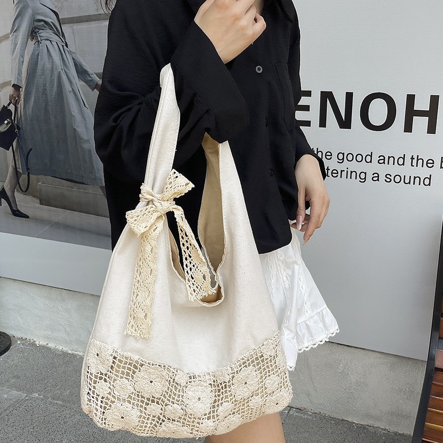 Summer vacation, unique style canvas original design, pure cotton patchwork single-shoulder tote bag, large capacity beach bag details Picture