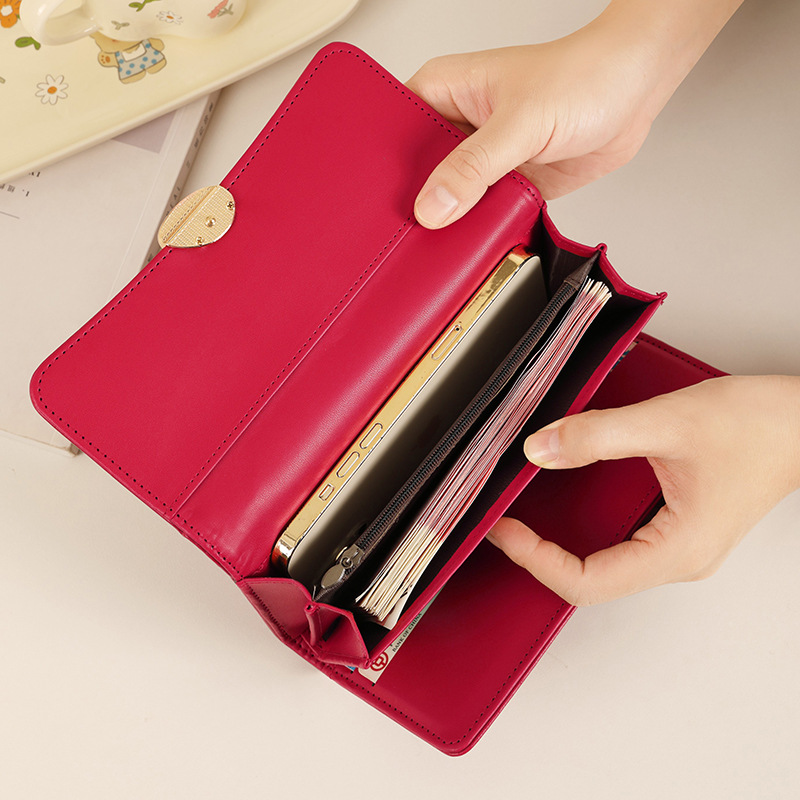 Women's three-fold folding long, simple and elegant hand-held wallet card case integrated, multi-slot buckle, niche design wallet details Picture