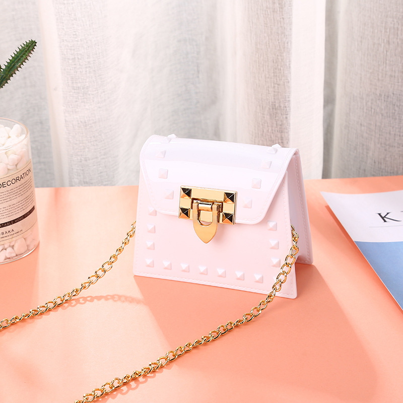 2025 New rivet mini bag Macaron, fashionable, simple and fresh jelly children's bag, single-shoulder crossbody bag Specification drawing