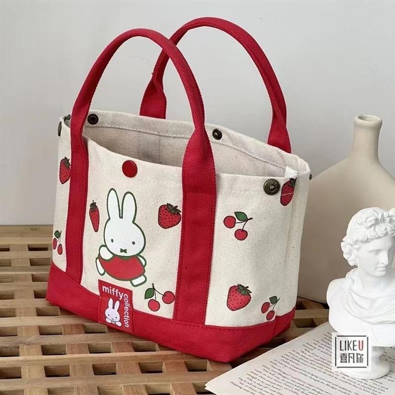 New cartoon rabbit embroidered thickened canvas tote bag with multiple pockets, portable single-shoulder bag for moms to carry when going out full figure