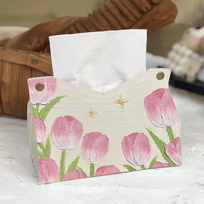 Creative tulip oil painting tissue box, light luxury tissue box, car living room tissue case, high-end storage for home decorations Specification drawing