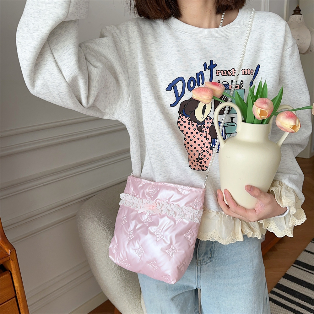 5392 pu cotton-padded new bow crossbody small bag, phone bag, pearl chain portable makeup bag, storage bag Specification drawing