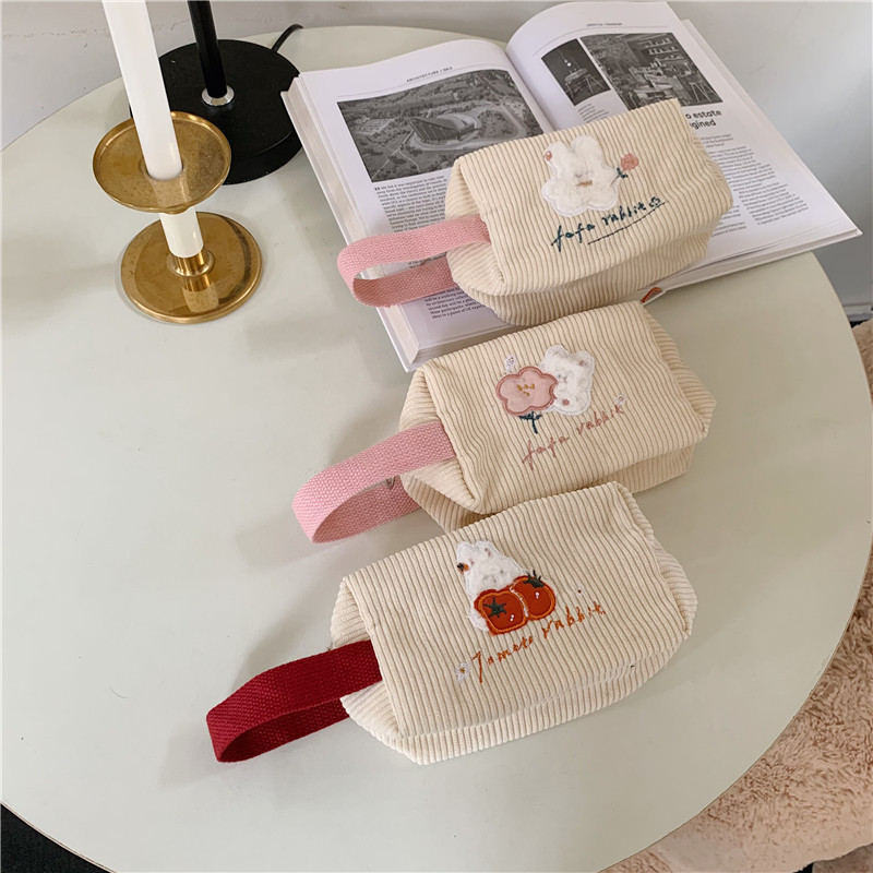 2264 Cute embroidered flower rabbit hand-held makeup bag, storage bag, portable travel toiletry bag, student ins pen case full figure