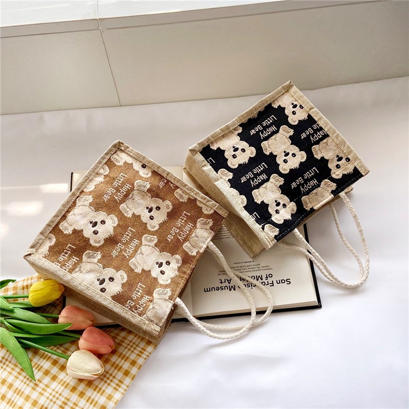 Cute hand-held linen bag 2022 new style women's bag, hand-held bento bag, simple lunch bag for office workers with rice details Picture