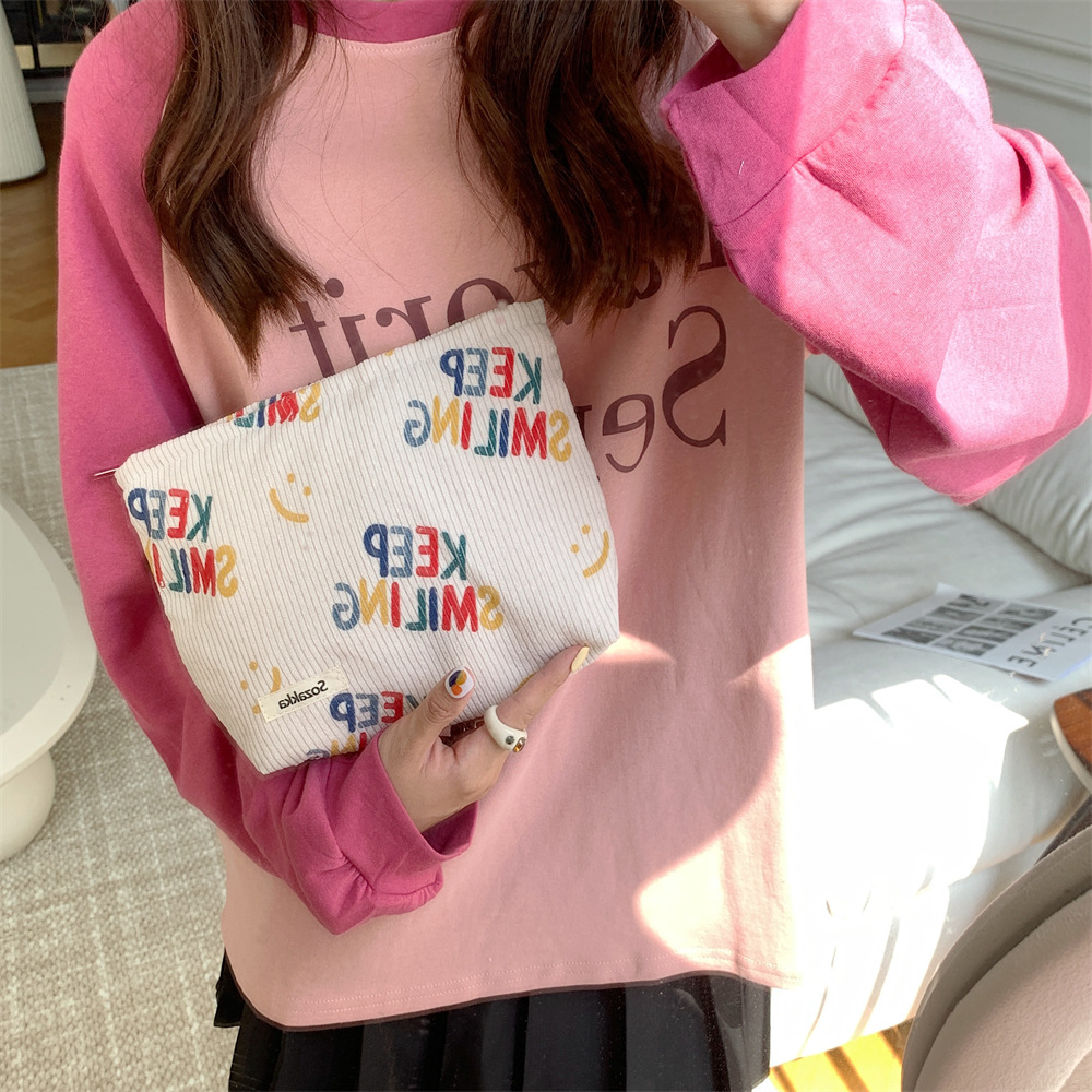 38181 New 2023 Corduroy cosmetic Bag, Letter smiley face storage, washroom clutch, Mobile phone wallet, Pen case details Picture