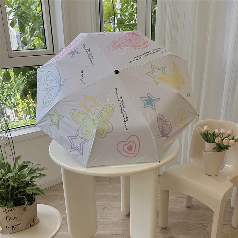 Niche design, girlish heart, butterfly umbrella, all-weather sun umbrella, black rubber sun protection umbrella, portable three-fold umbrella Item Picture