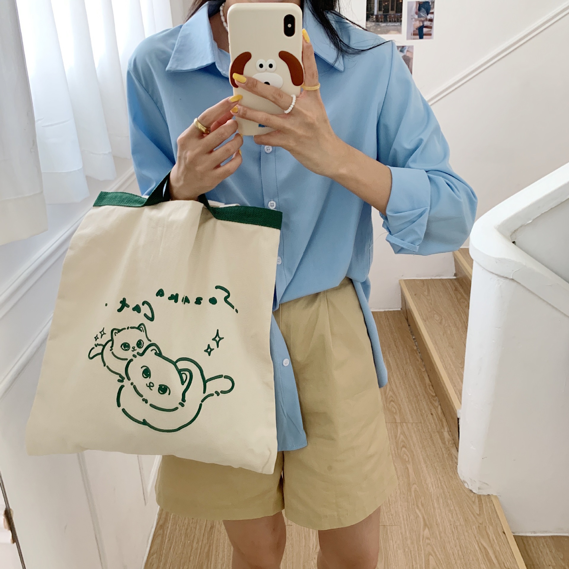 【 In Stock 】26141 Artistic Japanese-style milk cat printed canvas bag, simple shopping bag, women's cloth bag, large capacity details Picture
