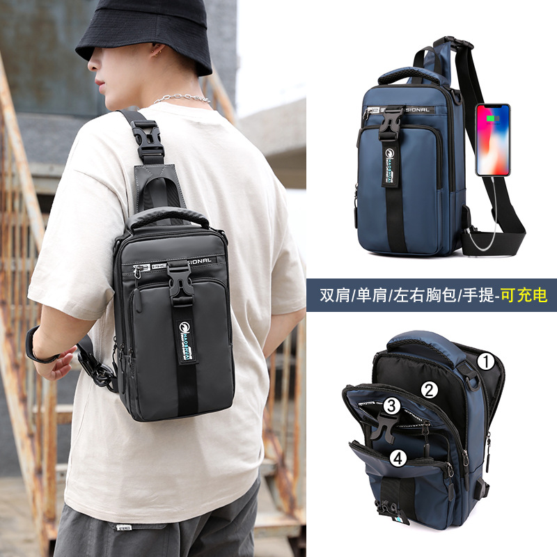 Wholesale of cross-border exclusive new fashionable and trendy men's chest bags, multi-functional USB charging casual single-shoulder crossbody bags Specification drawing