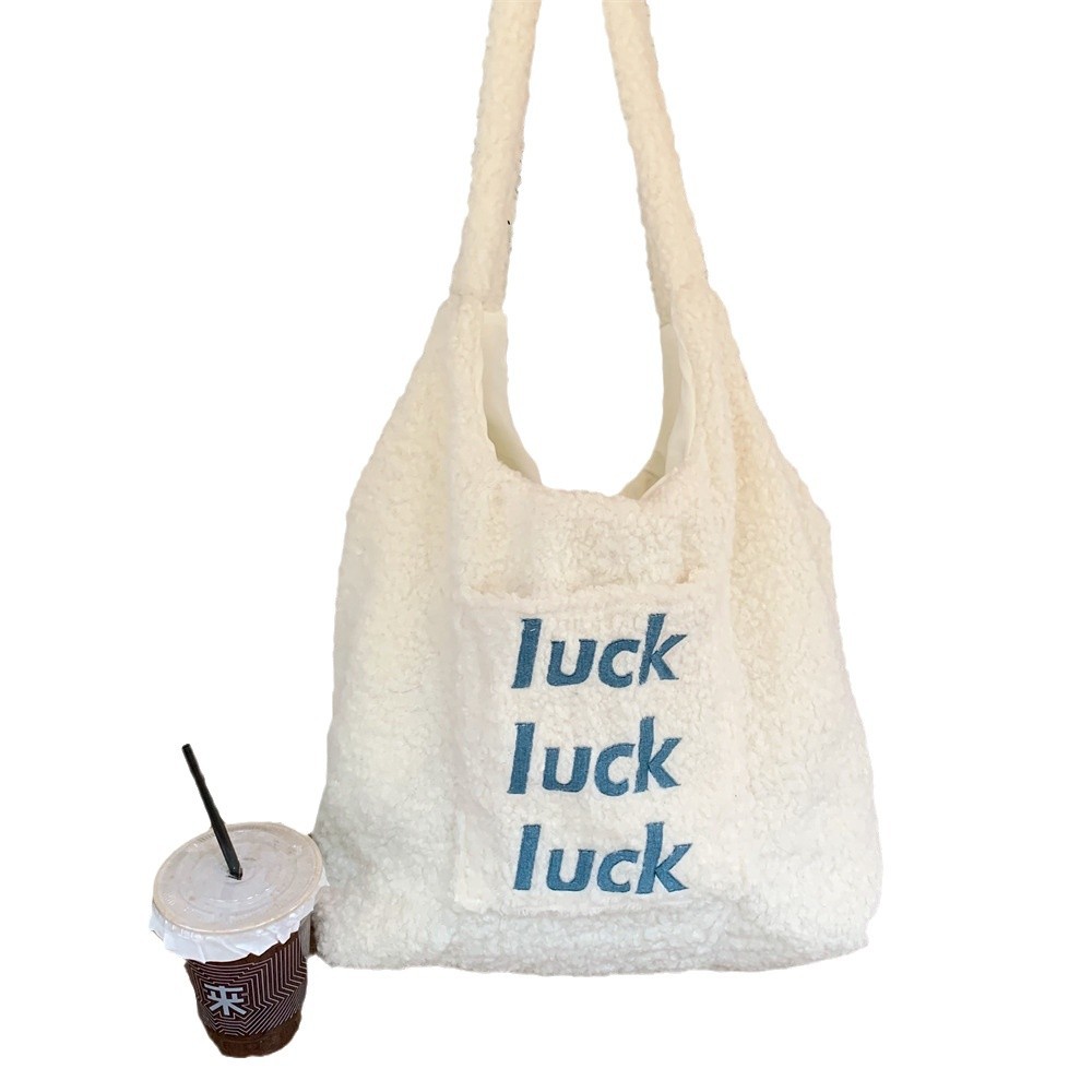 110303 Winter Cute plush outer pocket embroidered vest bag, large capacity lambskin single-shoulder handbag Item Picture