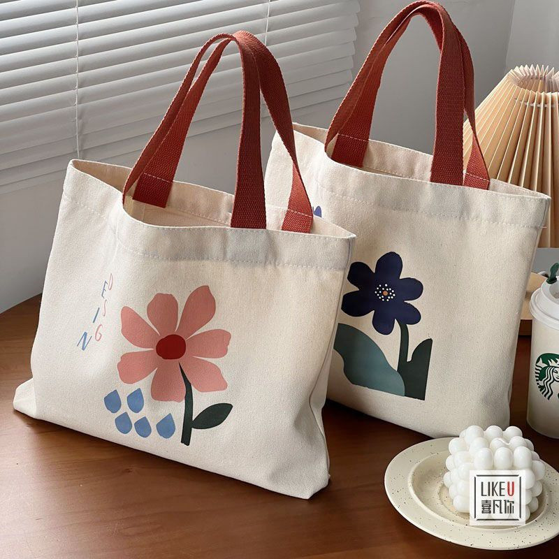 A new hand-drawn illustration flower single-shoulder hand-carry schoolbag for women, a simple and elegant retro portable student canvas bag Specification drawing