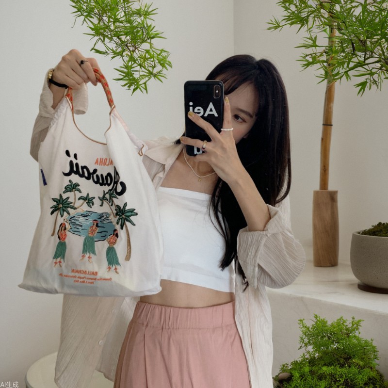 24271 Popular Japanese niche embroidered shopping bag, nylon handbag, student shoulder bag, eco-friendly bento bag full figure