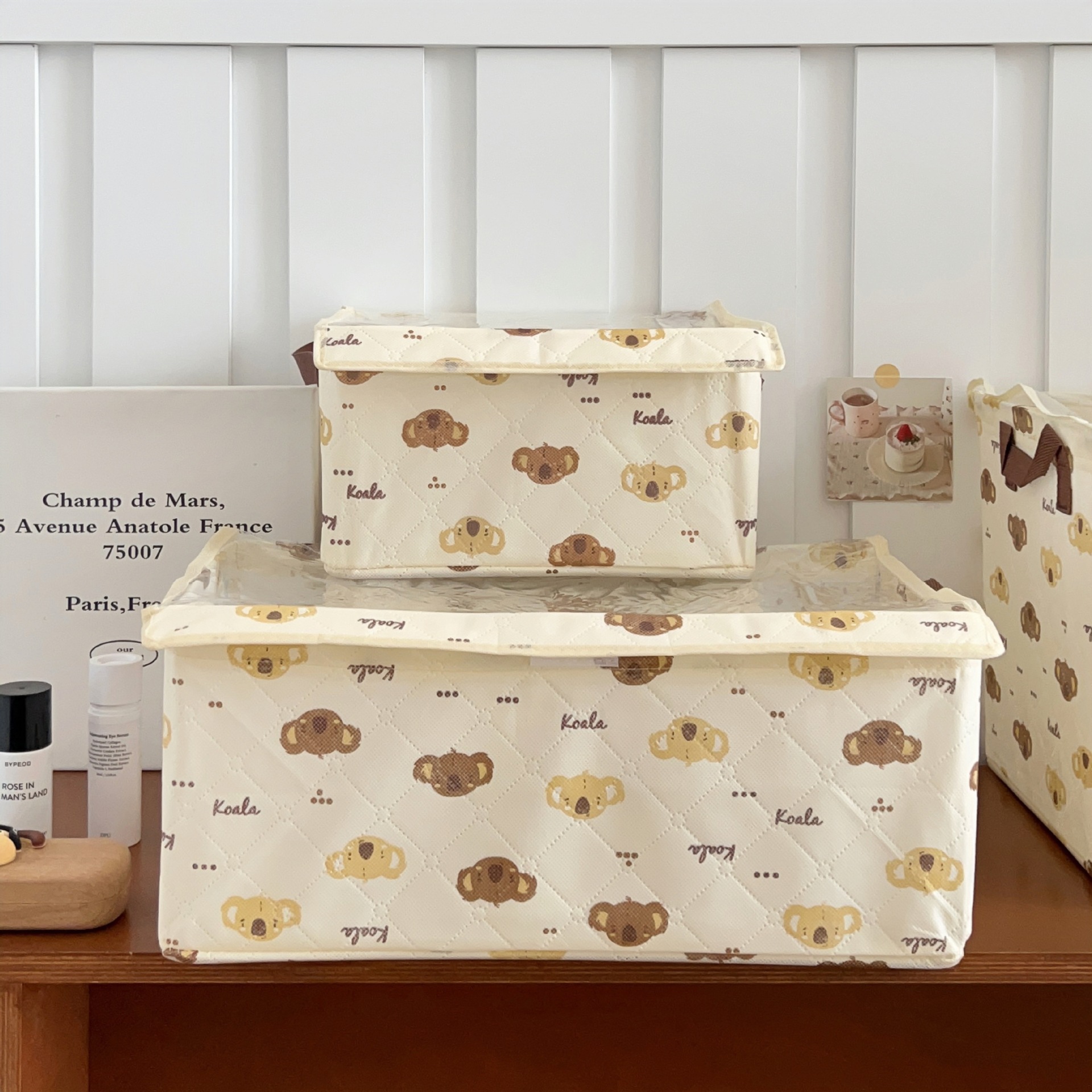 Koala clothing storage box, fabric storage, foldable dust-proof cover, bedroom organizing storage basket, storage basket Application Scenario