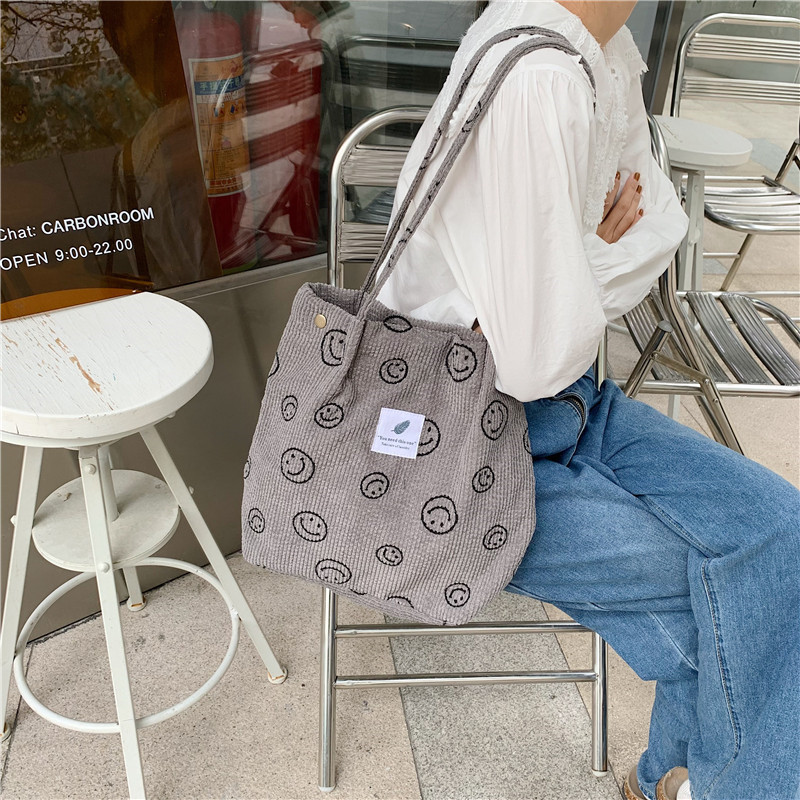 012174 Retro corduroy smiley single-shoulder tote bag for female students, canvas bag for class, simple hand-held cloth bag Specification drawing